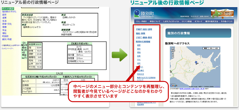 陸別町サイト行政情報ページ：中ページメニュー部分とコンテンツを再整理し、閲覧者が今見ているページがどこなのかをわかりやすく表示させています。