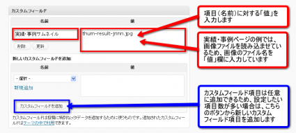 WordPress管理画面のカスタムフィールド設定例：弊社サイトトップページ実績・事例の画像とテキストをセットとして表示させている部分の設定